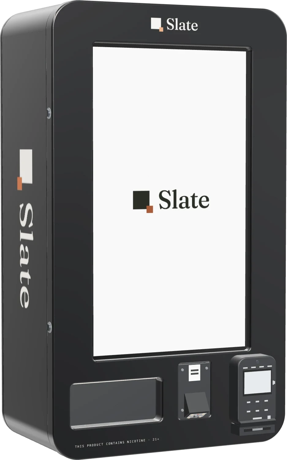 The Slate kiosk seen from the front and a little to the left: a gloss black wall-mounted cabinet with a portrait touchscreen showing the Slate logo, and below the screen the pickup door, the ID scanner and the card terminal.