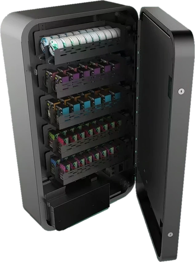 The kiosk with its door open and all ten aisles stocked with nicotine pouches and vapes, the delivery bin below.